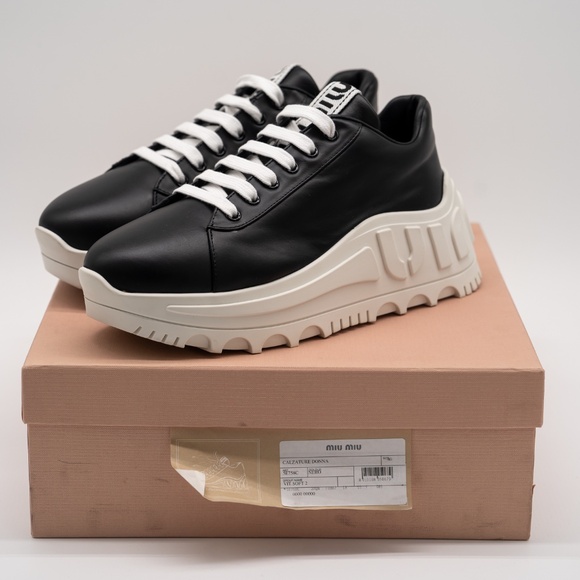 size 40eu 10 US Miu Miu Logo Platform Sneakers Black White - Picture 15 of 16